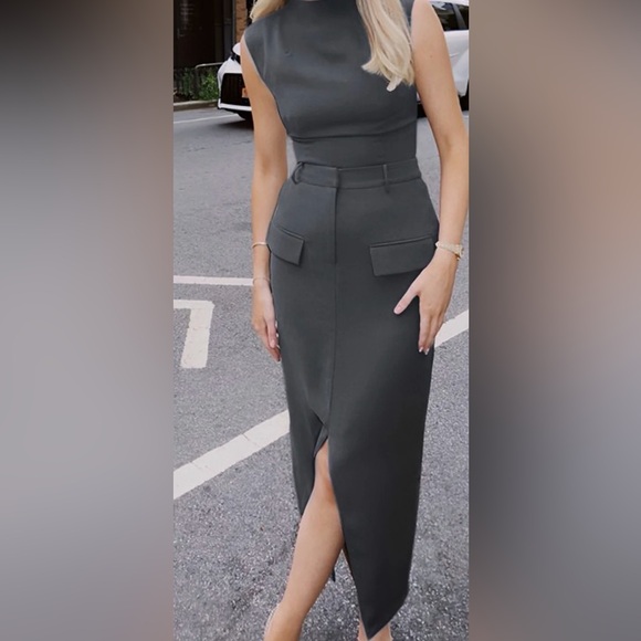 NWT Commense Elegant Grey Sleeveless Midi Skirt and stand collar sleeveless top - Picture 1 of 5
